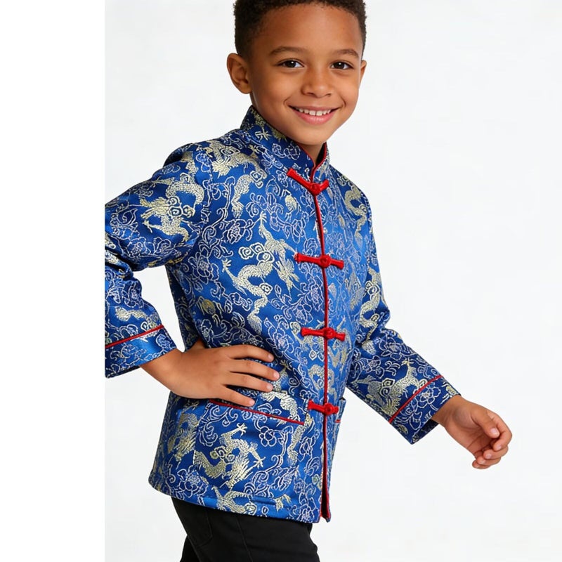 SZCQ Little Boys Dragon Tang Coat Long Sleeve Chinese Clothing Children Costumes Boy Jackets Outfit Tops (Blue, 10) - Image 4